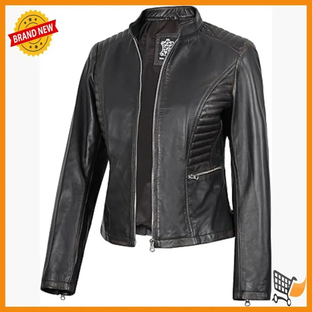 Lambskin Leather Jacket Women's Cafe Racer Stand Collar Zipper Pockets